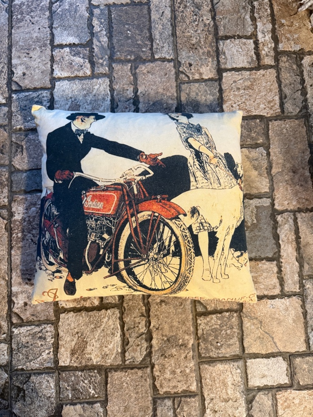 Vintage Motorcycle Graphic Throw Feather Pillow - Cream & Red